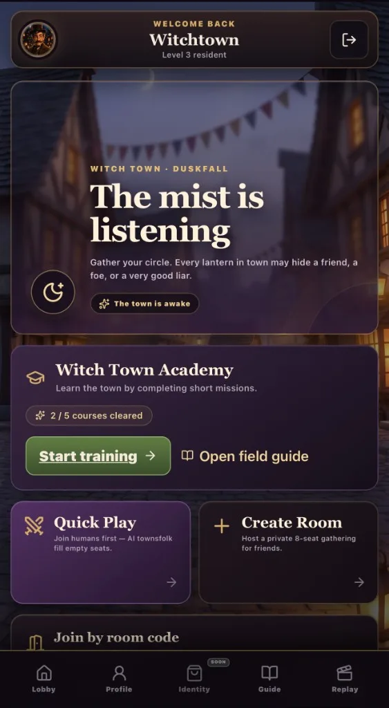 Witch Town lobby with Quick Play, Create Room, and Academy