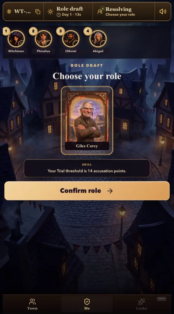 Role draft screen showing Giles Corey with trial threshold skill