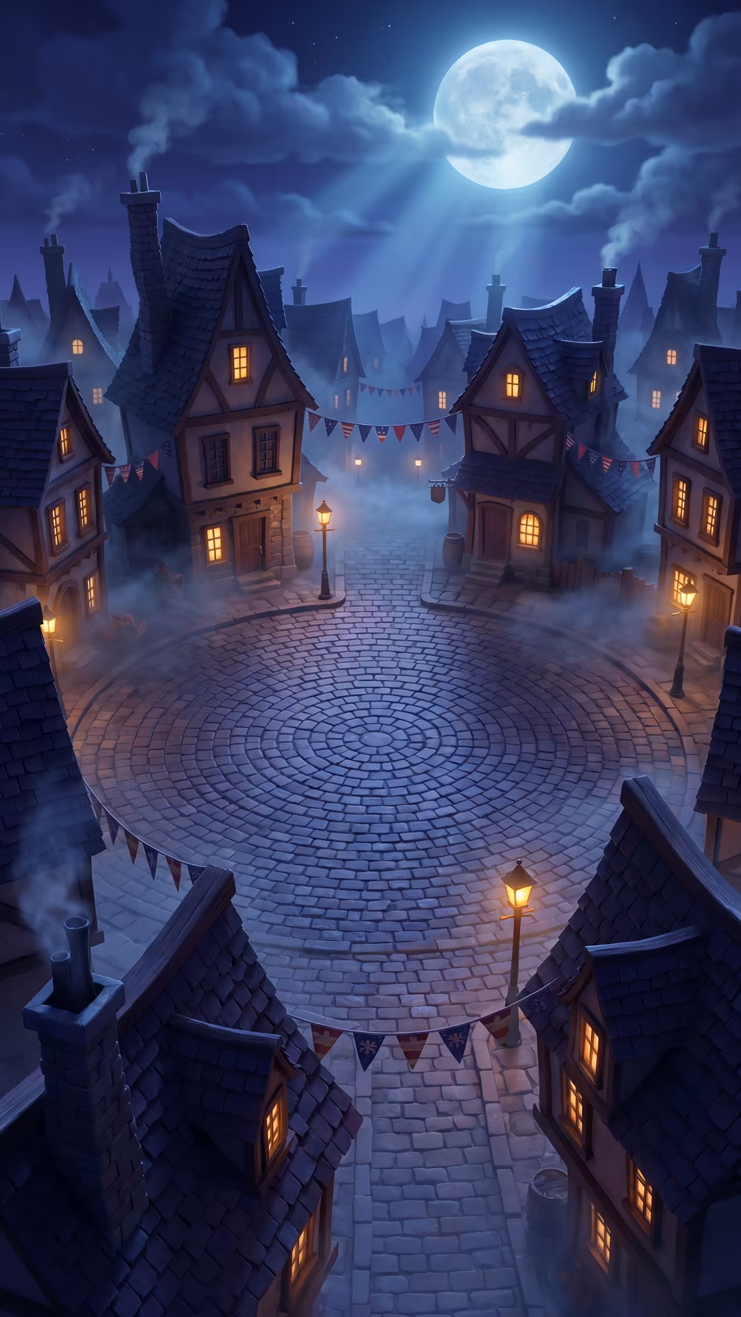 Witch Town game table — cards, lanterns, and suspicious neighbors